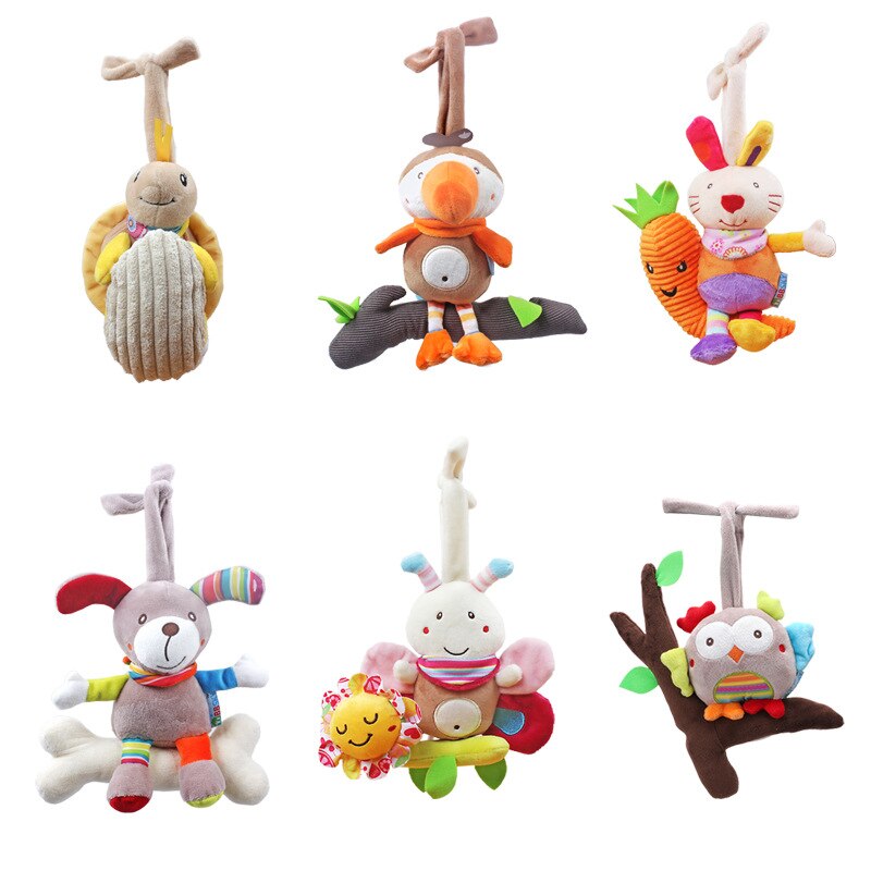 Baby Cartoon Animal Plush Strollers Pendant Infant Pull The Bell Music Companion Doll Newborn Appease Toy Bed Hanging Toys